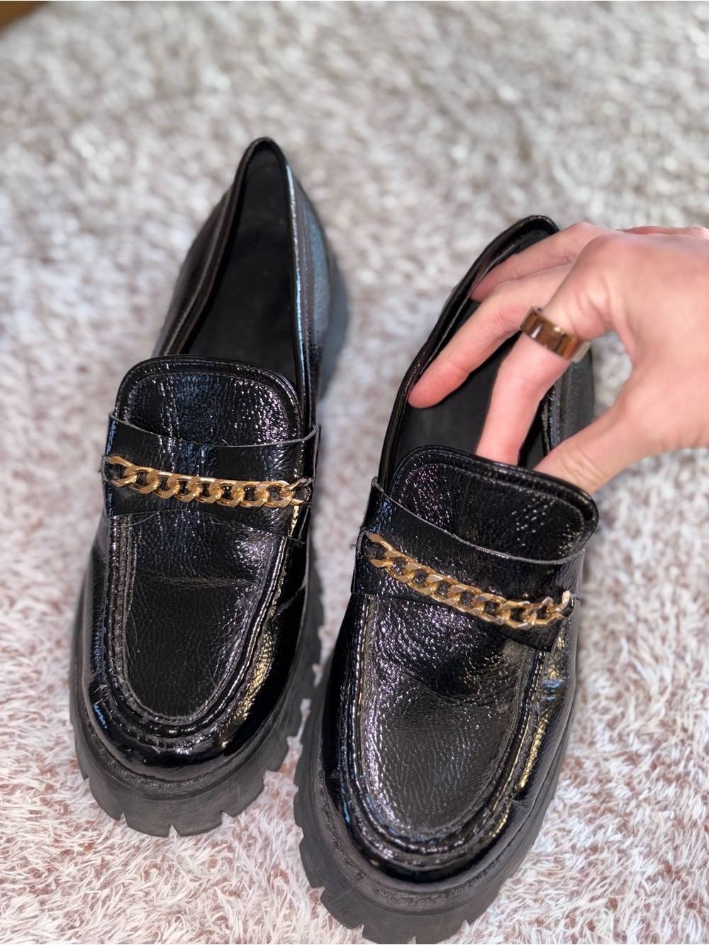 Princess Polly Black Patent Chain-Trim Women's Clog Loafers